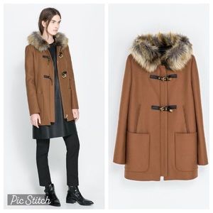 Zara Camel Color Wool Hooded Zip Up Long Coat Jacket size L